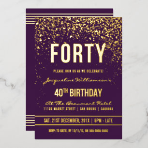 Invitation En Aluminium Fête d'anniversaire 40 ans confettis violet et or