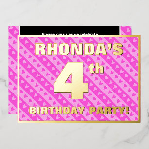 Invitation En Aluminium Fête d'anniversaire 4 ans — Cœurs roses et rayures