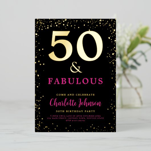 Invitation En Aluminium Fête d'anniversaire 50 ans Moderne Chic Rose Noir (Debout devant)