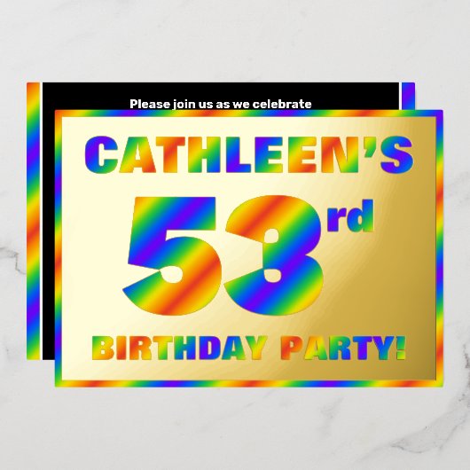 Invitation En Aluminium Fête d'anniversaire 53 ans — « 53 » spectre arc-en (Recto/Verso)