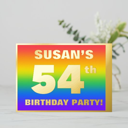 Invitation En Aluminium Fête d'anniversaire 54 ans : motif arc-en-ciel amu (Debout devant)