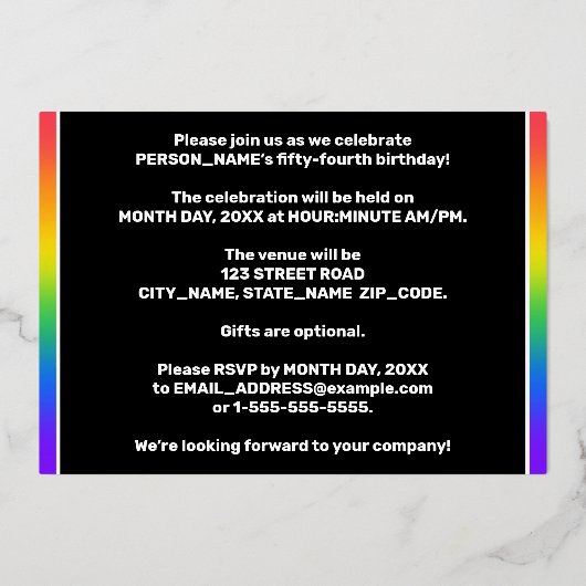 Invitation En Aluminium Fête d'anniversaire 54 ans : motif arc-en-ciel amu (Verso)