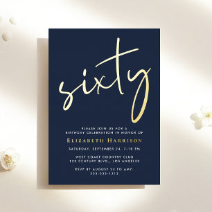 Invitation En Aluminium Fête d'anniversaire 60 ans Chic Script Bleu Or