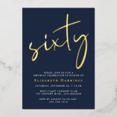 Invitation En Aluminium Fête d'anniversaire 60 ans Chic Script Bleu Or (Recto)