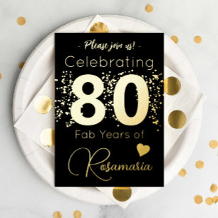 Invitation En Aluminium Fête d'anniversaire 80 ans Black Gold Glitter
