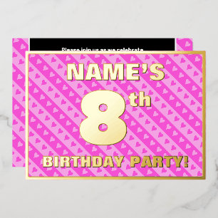 Invitation En Aluminium Fête d'anniversaire 8 ans — Cœurs roses et rayures