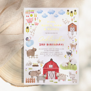 Invitation En Aluminium Fête d'anniversaire Animaux de la ferme brillants 