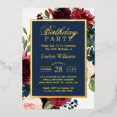Invitation En Aluminium Fête d'anniversaire | Burgundy Navy Floral Real Go (Recto)