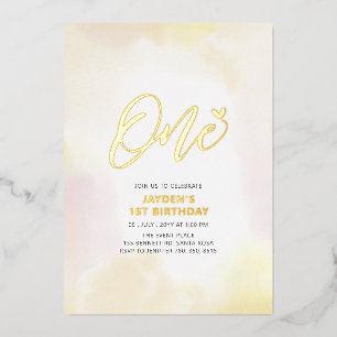 Invitation En Aluminium Fête d'anniversaire de 1 an avec cœur or et jaune