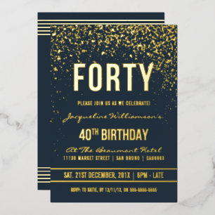 Invitation En Aluminium Fête d'anniversaire de 40 ans confettis dorés de m