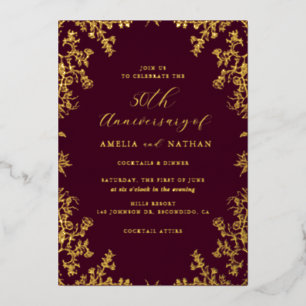 Invitation En Aluminium Fête d'anniversaire de 50 ans Burgundy Or Vintage