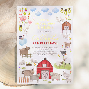 Invitation En Aluminium Fête d'anniversaire de la ferme avec des animaux b