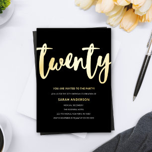Invitation En Aluminium Fête d'anniversaire des 20 ans en feuille d'or