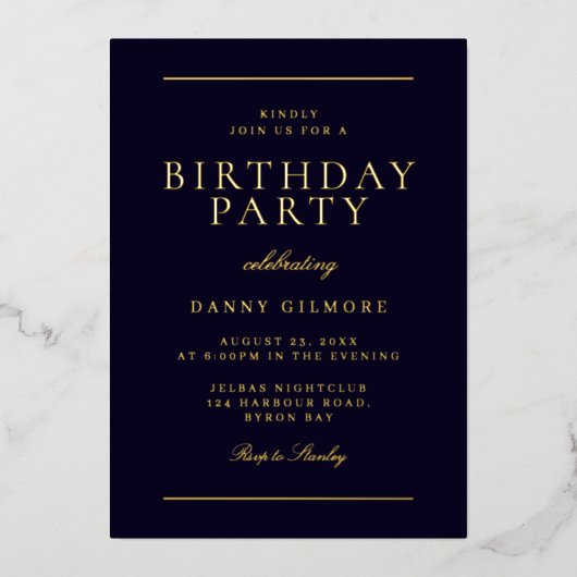 Invitation En Aluminium Fête d'anniversaire des hommes modernes Noir & Or (Recto)