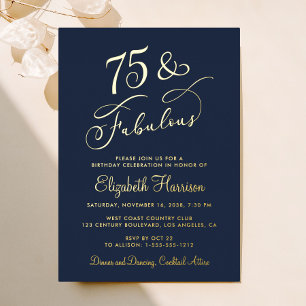 Invitation En Aluminium Fête d'anniversaire élégante bleue 75 ans