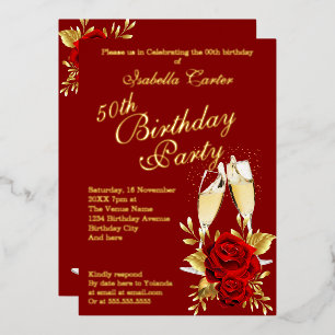 Invitation En Aluminium Fête d'anniversaire florale or rose rouge exotique