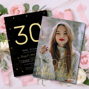 Invitation En Aluminium Fête d'anniversaire Galaxy Elegant Photo Noir Or