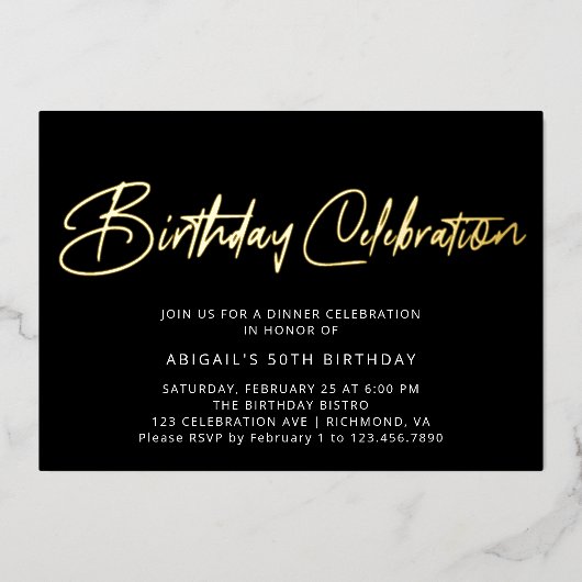 Invitation En Aluminium Fête d'anniversaire moderne Elégant Noir & Or (Recto)