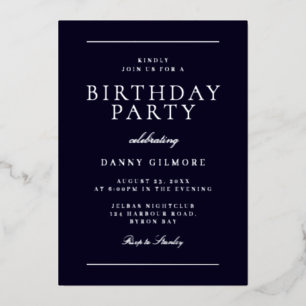 Invitation En Aluminium Fête d'anniversaire moderne pour hommes Noir & Arg