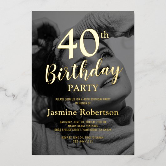 Invitation En Aluminium Fête d'anniversaire photo tout âge Or (Recto)