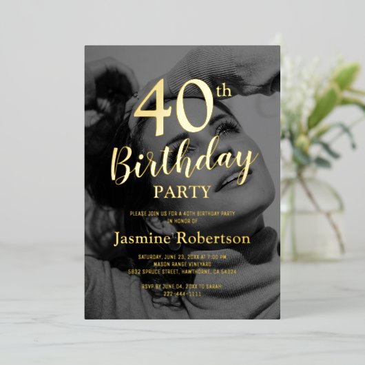 Invitation En Aluminium Fête d'anniversaire photo tout âge Or (Debout devant)