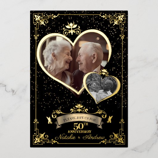 Invitation En Aluminium Fête d'anniversaire romantique d'or Then & Now Pho (Recto)