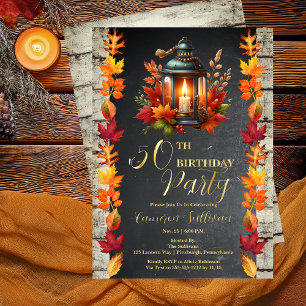 Invitation En Aluminium Fête d'anniversaire Rustique Lanterne et Feuilles 