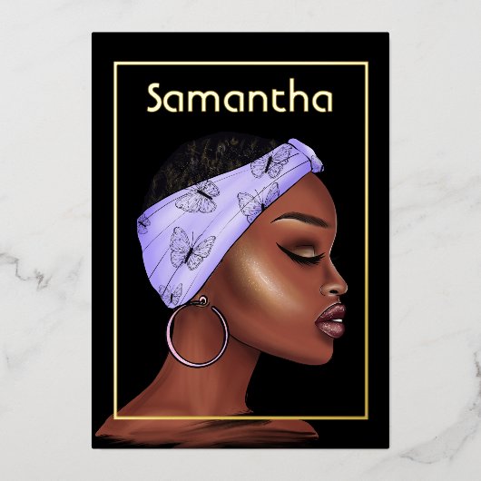 Invitation En Aluminium Fête d'anniversaire violet et or afro (Recto)