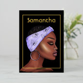 Invitation En Aluminium Fête d'anniversaire violet et or afro (Debout devant)