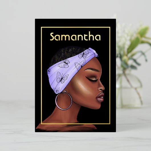Invitation En Aluminium Fête d'anniversaire violet et or afro (Debout devant)