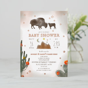 Invitation En Aluminium Fête de bébé fille avec cactus et bisons de Buffal