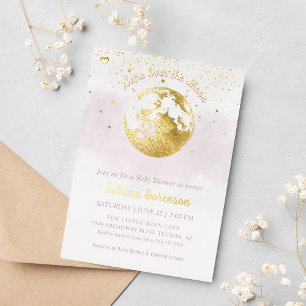 Invitation En Aluminium Fête de Bébé Fille Céleste Rose Sur la Lune en Or