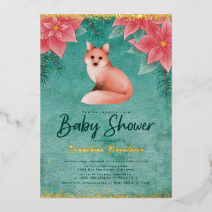 Invitation En Aluminium Fête de bébé hivernale aux poinsettias et au renar