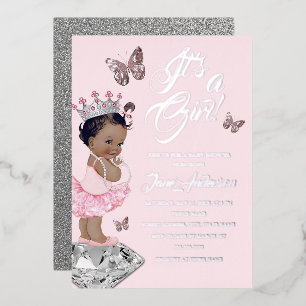 Invitation En Aluminium Fête de bébé princesse rose argentée afro-américai