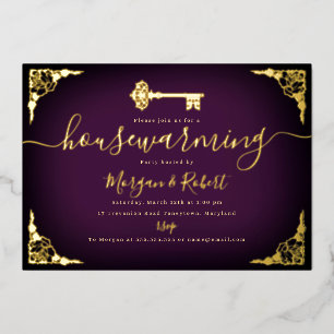 Invitation En Aluminium Fête de Chauffage Vintage Purple Gold Key