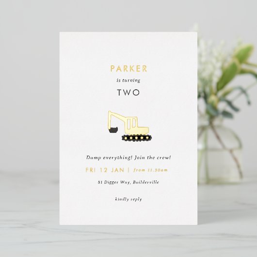 Invitation En Aluminium Fête de construction Digger Foil Anniversaire Invi (Debout devant)