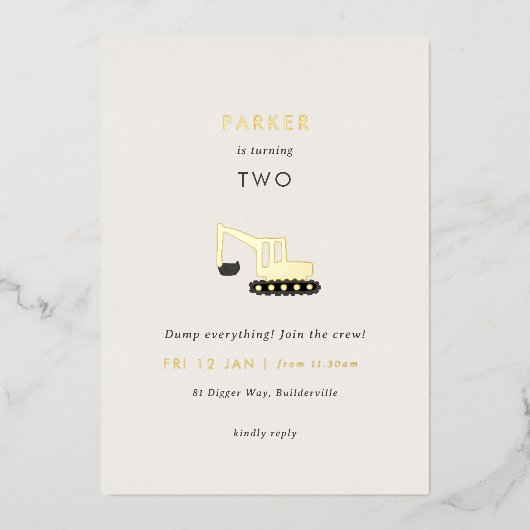 Invitation En Aluminium Fête de construction Digger Foil Anniversaire Invi (Recto)