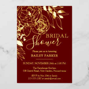 Invitation En Aluminium Fête de mariage Florale Moderne Rouge Foncé & Or