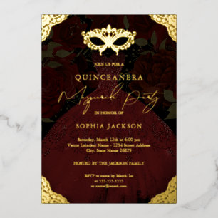 Invitation En Aluminium Fête de Mascarade Rouge Masque Doré Robe Quinceane
