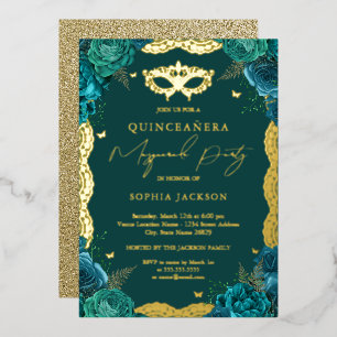 Invitation En Aluminium Fête de Mascarade Teal Floral Dentelle Quinceanera