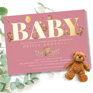 Invitation En Aluminium Fête de naissance ourson miel rose