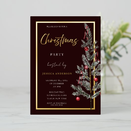 Invitation En Aluminium Fête de Noël Arbre d'or traditionnel (Debout devant)