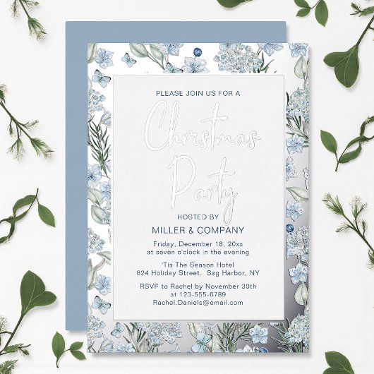Invitation En Aluminium Fête de Noël d'entreprise Bleu papillon Floral