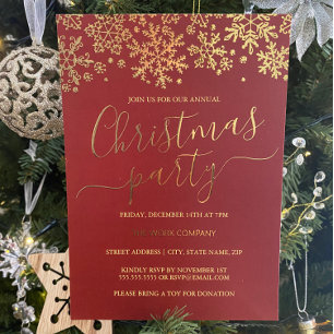 Invitation En Aluminium Fête de Noël d'entreprise Rouge Snowflake