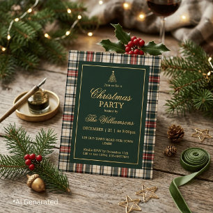 Invitation En Aluminium Fête de Noël élégante verte à carreaux or script