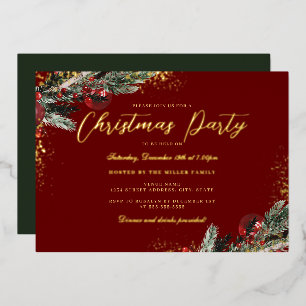 Invitation En Aluminium Fête de Noël Feuillage Étincelant Vert Rouge Or