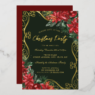 Invitation En Aluminium Fête de Noël Floral Tourbillon Vert Rouge Festif