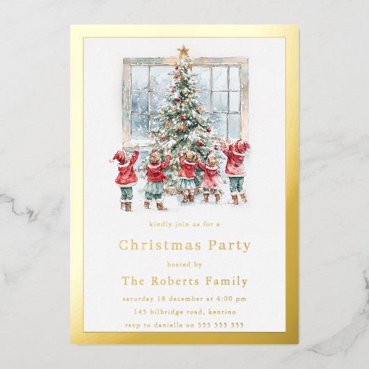 Invitation En Aluminium Fête de Noël pour enfants et arbres Gold Foil (Recto)