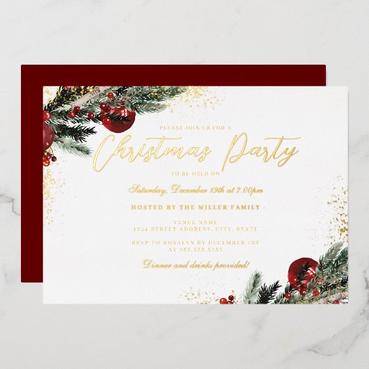 Invitation En Aluminium Fête de Noël Red Gold Sparkle (Recto/Verso)