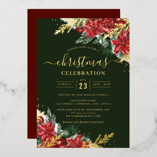 Invitation En Aluminium Fête de Noël Red Jolly Gold Leaf (Recto/Verso)